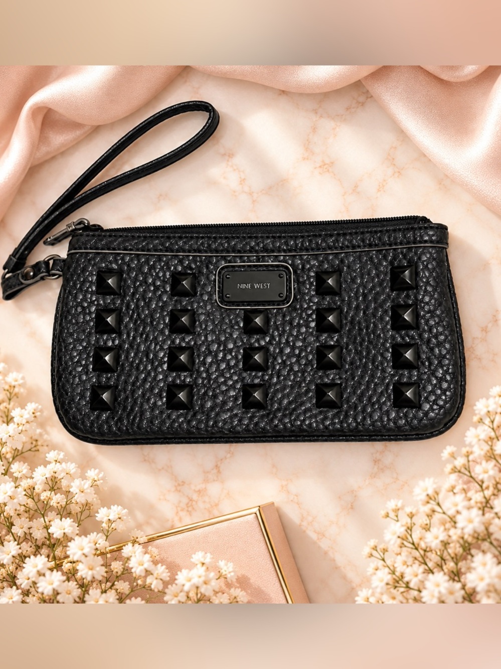 Nine West Black Studded Wristlet Clutch Leopard Lining